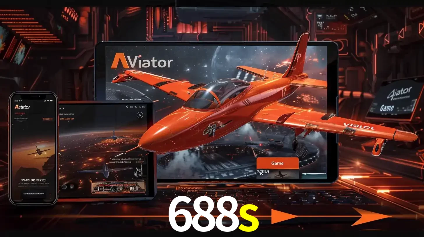 Apresentação tecnológica do jogo Aviator com um avião saindo da tela de um tablet, demonstrando a experiência imersiva em múltiplos dispositivos no 688s.
