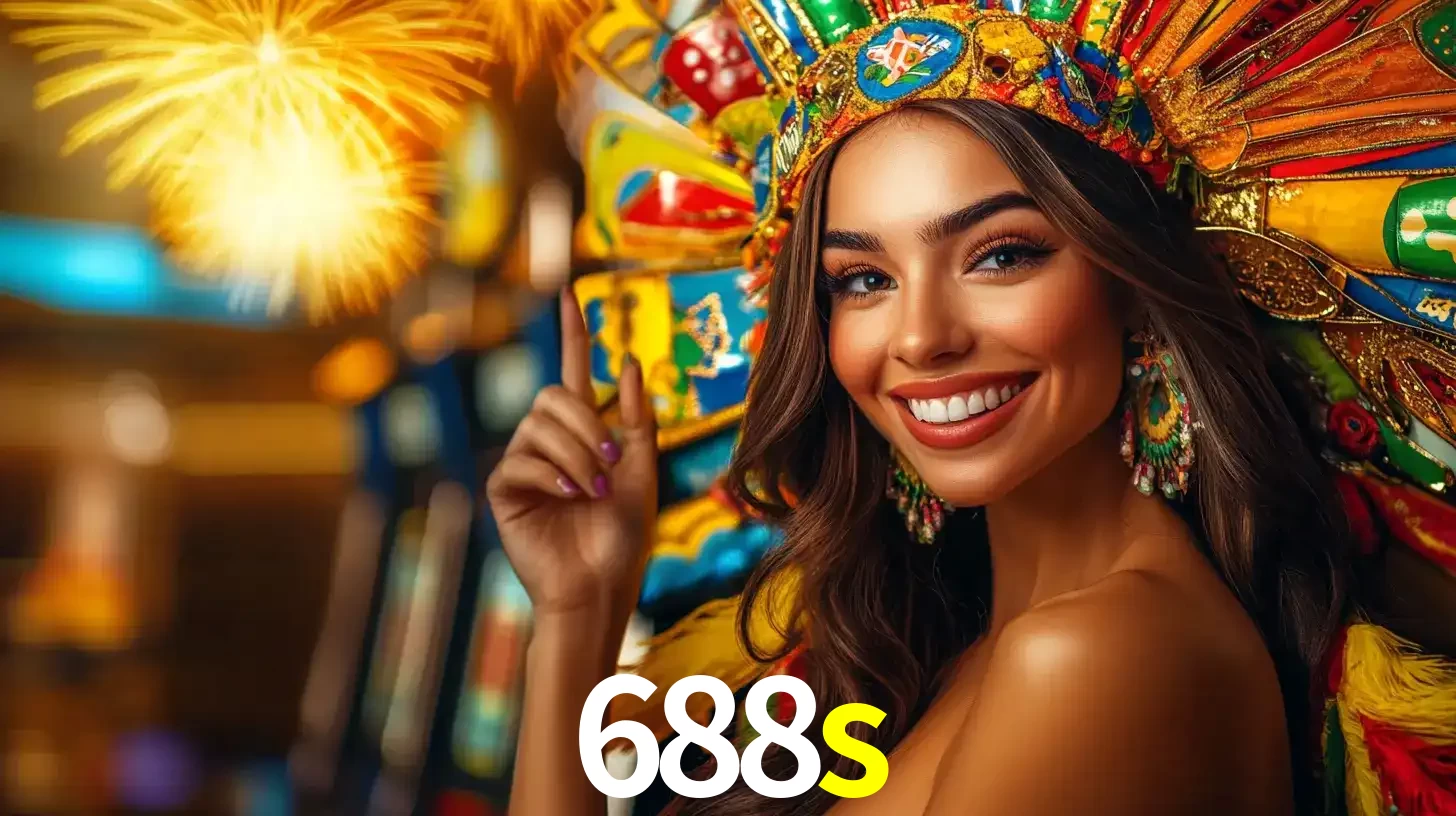 Mulher sorridente com um cocar de carnaval vibrante e colorido, celebrando uma grande vitória nos jogos do cassino 688s com fogos de artifício ao fundo.