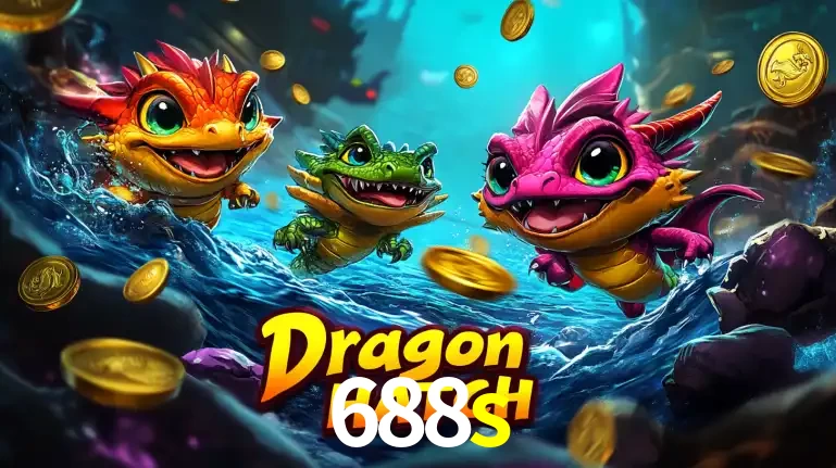 Arte promocional do jogo Dragon Hatch com três adoráveis dragões bebês nadando entre moedas de ouro, um dos slots mais divertidos para jogar no cassino 688s.