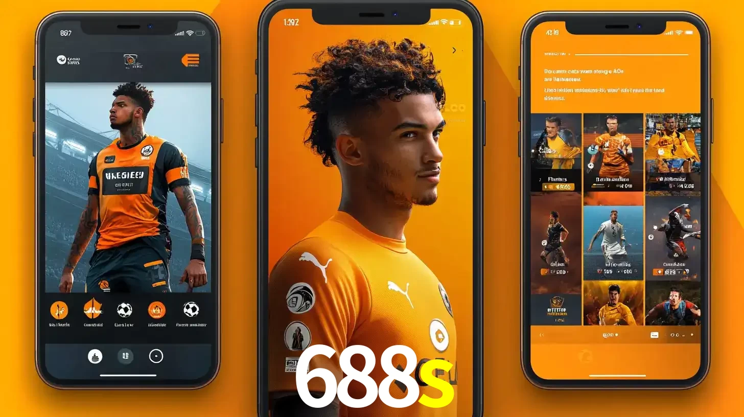 Interface do aplicativo de apostas esportivas 688s em três telas de celular, mostrando o perfil de um jogador de futebol e a lista de jogos disponíveis para apostar.