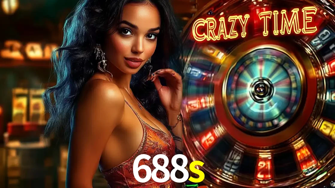 Mulher elegante ao lado da vibrante roda da fortuna do jogo de cassino ao vivo Crazy Time, um dos game shows mais populares e cheios de prêmios do 688s.