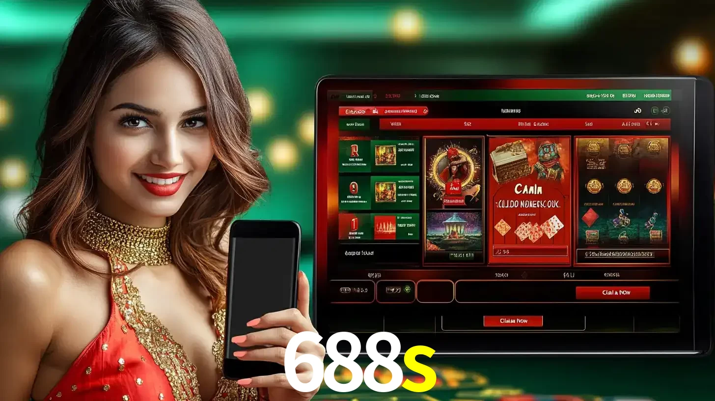Mulher sorridente segurando um smartphone, ao lado de uma tela exibindo o lobby de jogos do cassino online 688s, com várias opções de jogos de cartas e slots.